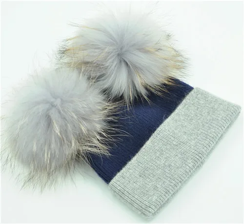 Navy Light grey M Новинка, зимняя теплая вязаная шапка для женщин, двойные шапки из натурального меха с помпонами, шапки из натурального меха, шапочки с помпонами, шапки с двумя меховыми помпонами - Цвет: Navy Light grey M