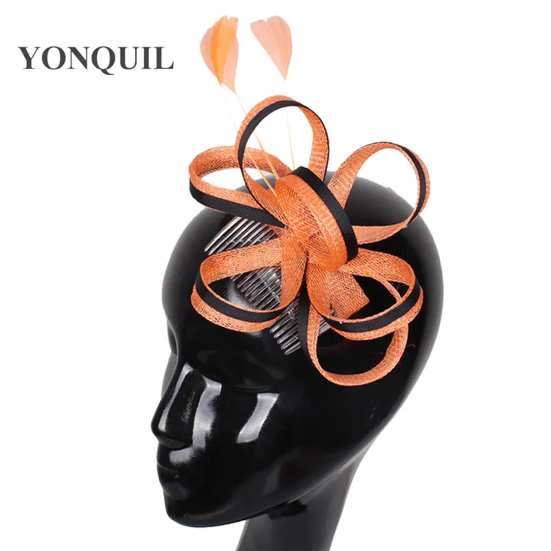 Фото Sinamay Feather Hair Fascinator, головной убор, зажим для коктейльной вечеринки, церковная шляпа, аксессуар SYF45, головной убор на день гонок №2