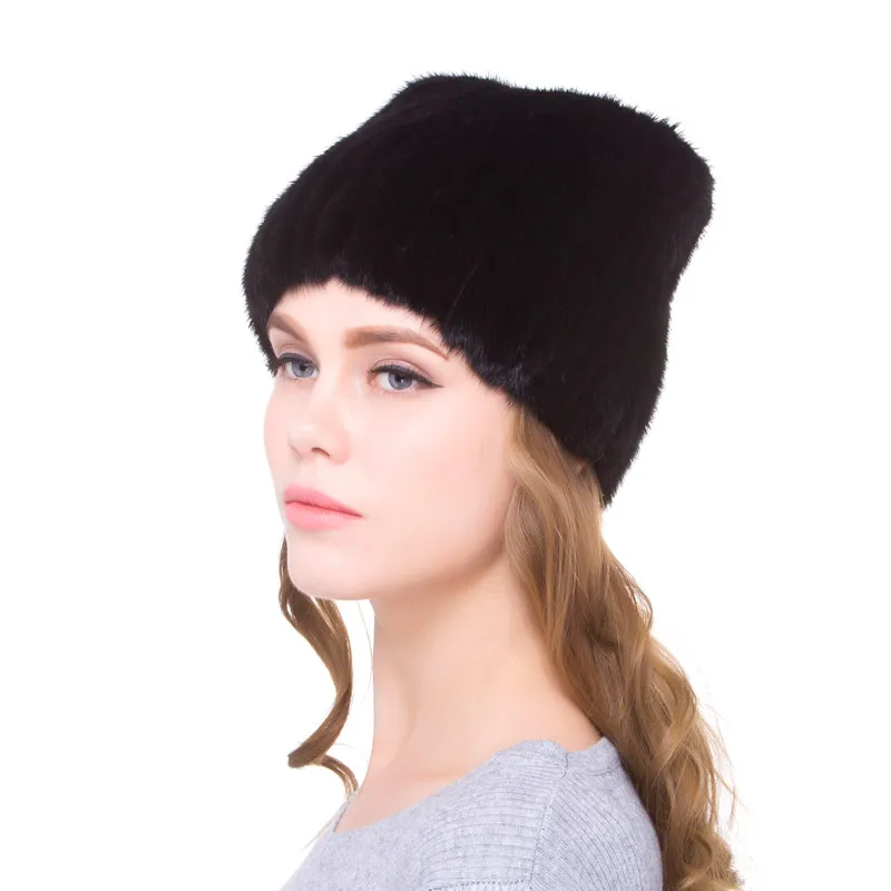 Natural Mink Hand Knitted Women's Winter Hat Leather Hat Elastic Warm Fashion Stripe Knitted Ear Cap