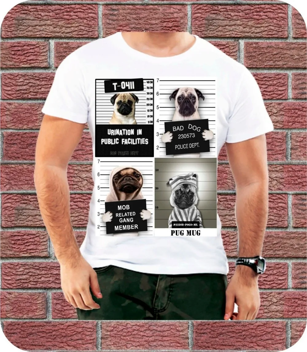 Criminal Pugs Mugshot Guilty Dog Мужская футболка с животными забавная для дня рождения Летний