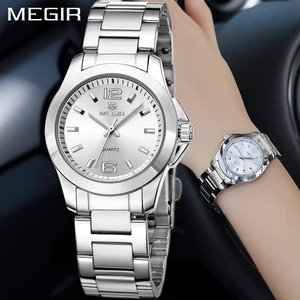 Женские кварцевые часы MEGIR, браслет из серебристого золота со стальным ремешком