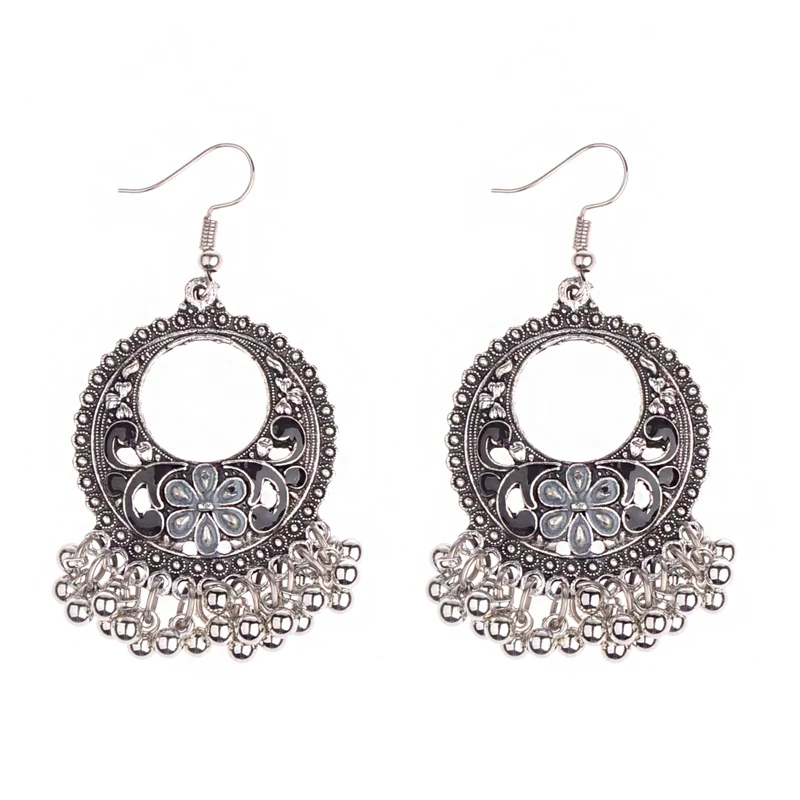 HXE016-3 OIQUEI Boho винтажные индийские Jhumka Большие колокольчики с кисточками Висячие серьги для женщин этнические Цветочные Резные массивные серьги ювелирные изделия - Окраска металла: HXE016-3