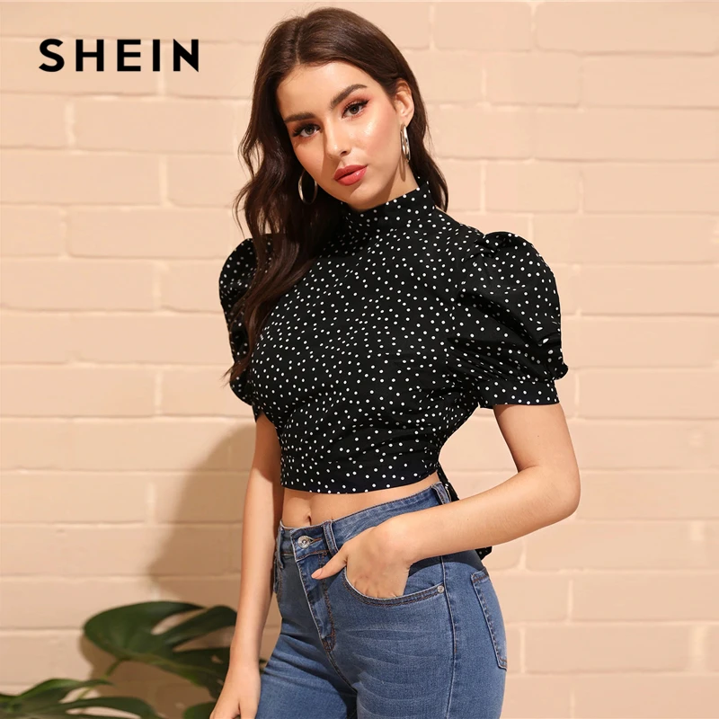 SHEIN, сексуальная черная блузка с воротником-стойкой, пышным рукавом и узлом, открытая спина, Топ в горошек, женская летняя блузка,, облегающие Блузы для улицы