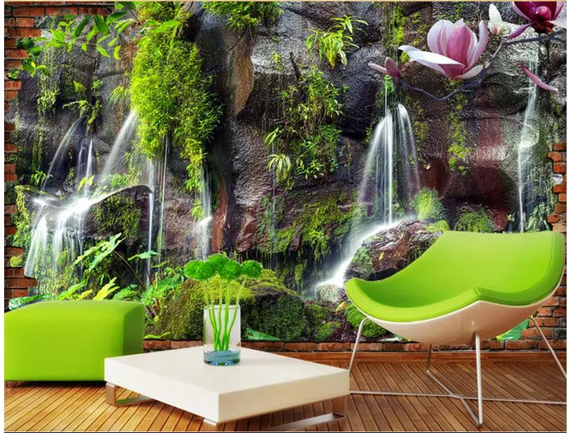 3D горный зеленый водопадов и ТВ фон стены украшения картина окна Настенные обои