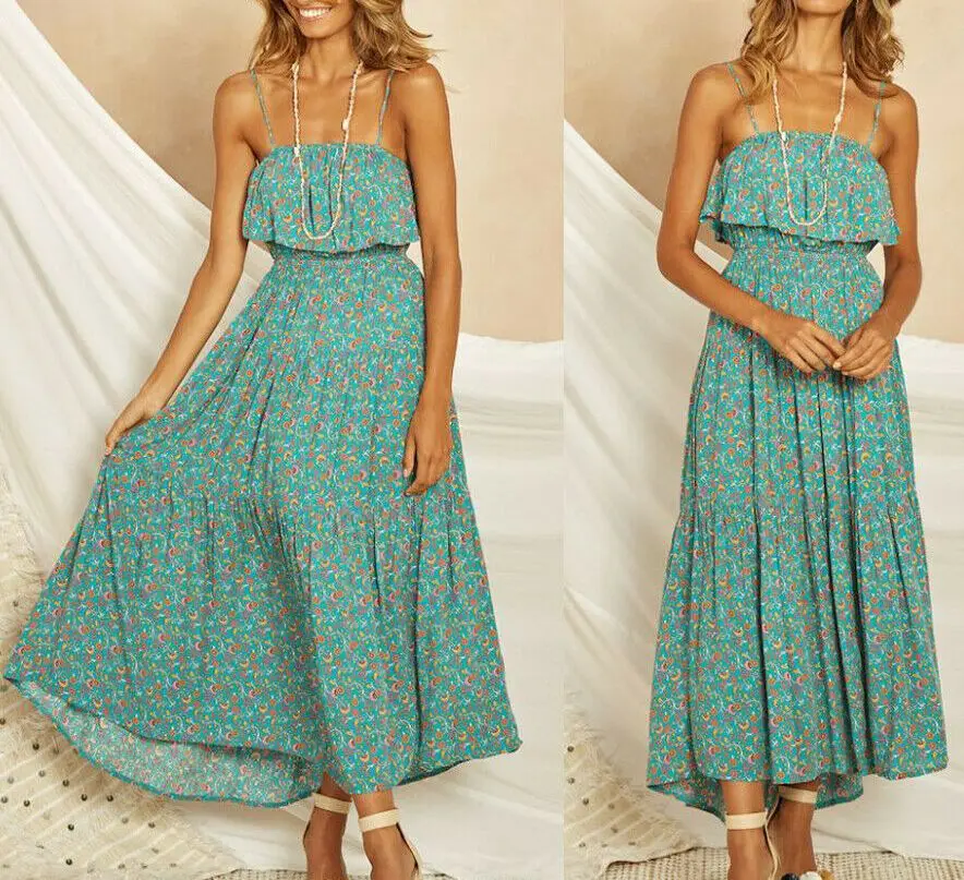 Женское платье на бретельках длинное пляжное с цветочным принтом и без рукавов |