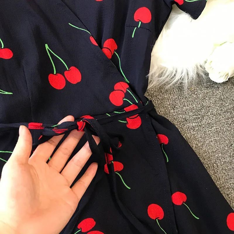 Летнее цельное Вишневое длинное платье с запахом, тонкое шифоновое платье с цветочным рисунком, женское модное офисное платье с v-образным вырезом и коротким рукавом