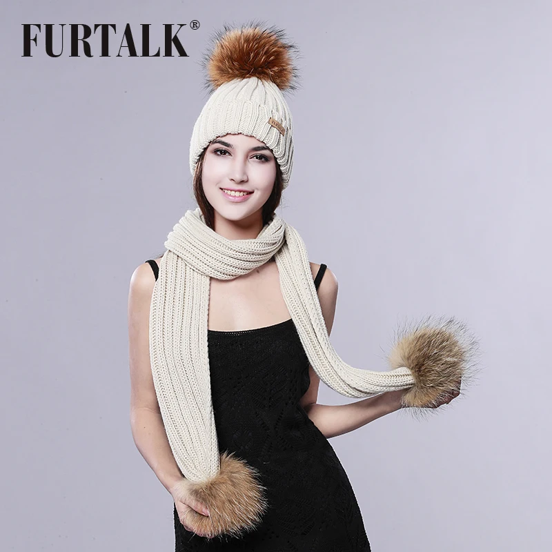 FURTALK шапка женская помпон мех енота шарф женские зимой длиный меховой шарф|hat scarf