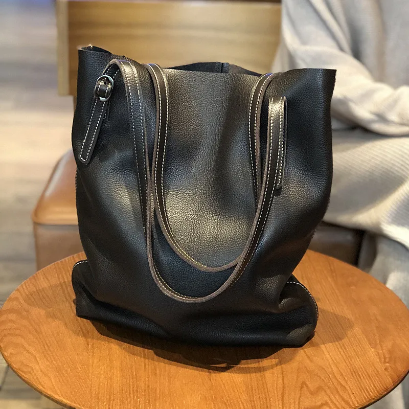 PNDME vintage casual genuine leather ladies tote bags large capacity soft cowhide simple women's shopping bag black handbag 2019