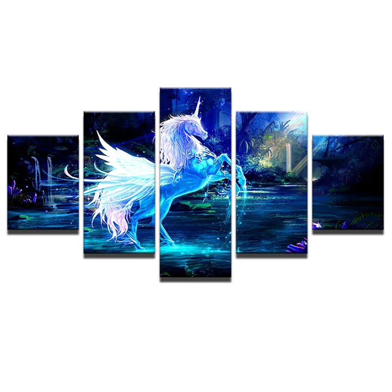 

Modern Canvas Painting Frameless 5 Panes fantasy Blue unicorn Wall pictures for bed room decoration Home wall artwork Decal