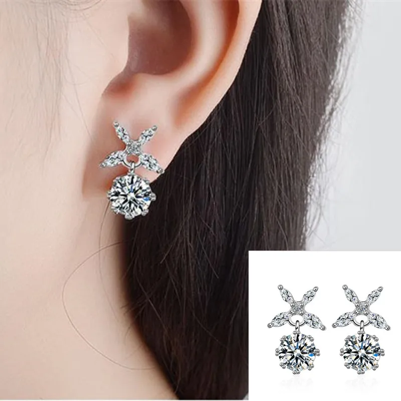 

Latest Crystal Stones Female Earrings Bijou Fashion Silver Plated Stud Earring For Women Lady Engagement Bride Wedding Jewelry