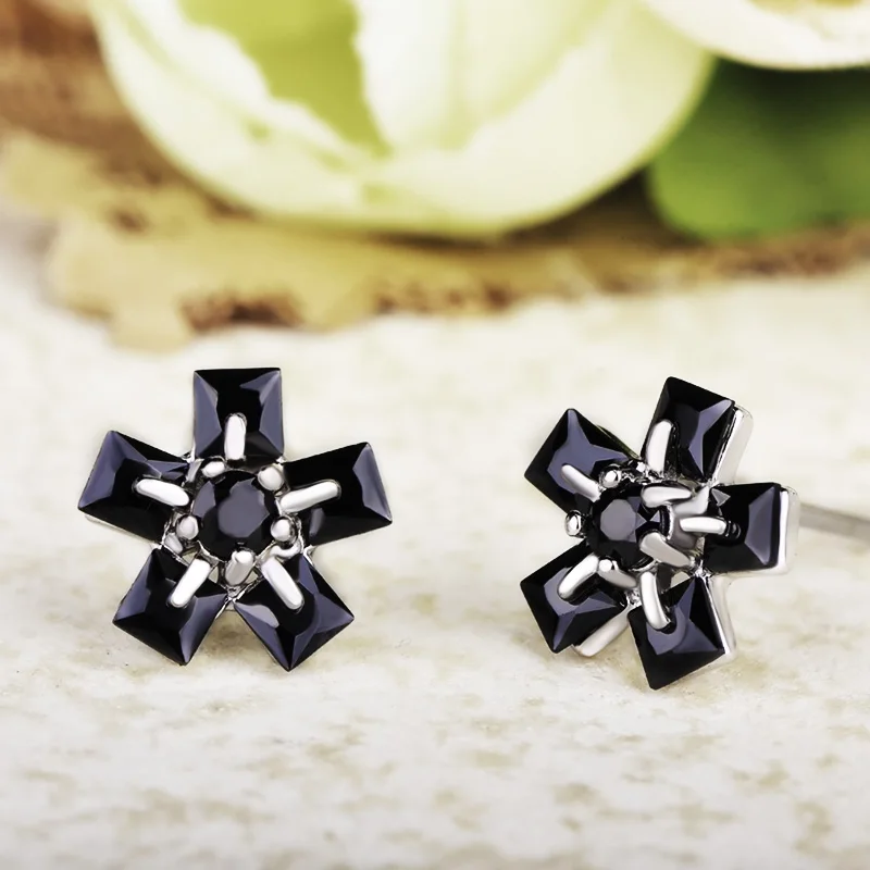 Madrry Latest Real 925 Sterling Silver Flower Shape Stud Earrings Black Cubic Zircon Jewelry For Women Girls Ear Ornaments Gifts | Украшения