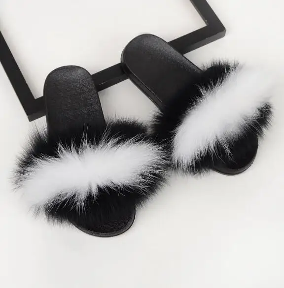 Fox Fur Mixed Тапочки из лисьего меха; женские домашние пушистые тапочки; Плюшевые Пушистые летние туфли на плоской подошве; Милая женская обувь; Лидер продаж; милая обувь; большой размер 45 - Цвет: Fox Fur Mixed