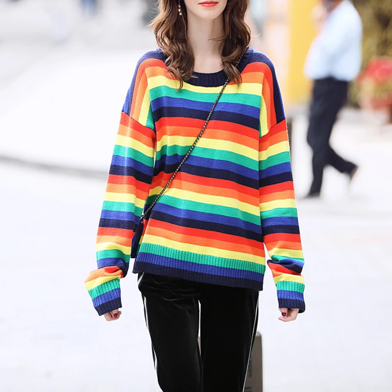 Loose Rainbow Striped Sweater 2018 Autumn Winter Contrast Colors Oversized Sweaters Womens O-neck Knitted Pullovers Top | Женская одежда