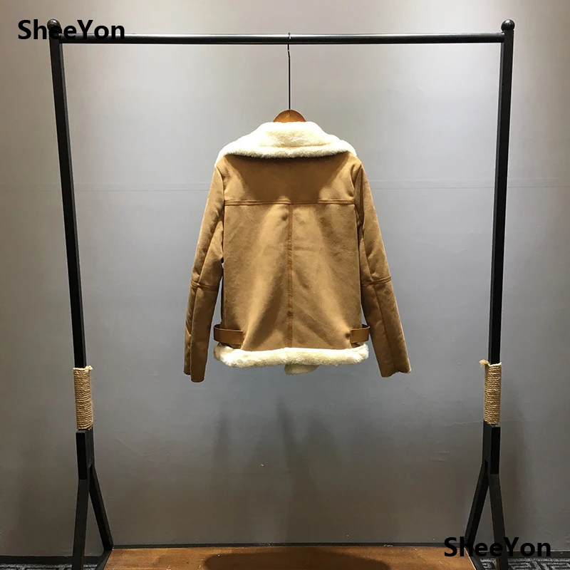 SheeYon Winter warm suede Patchwork lamb fur Jackets slim plus size zipper jacket women's Camel color 1001349 | Женская одежда