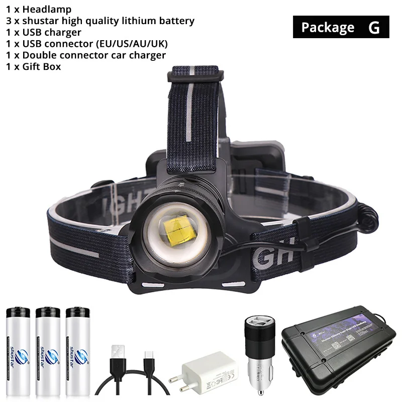 Package G Супер яркий светодиодный налобный фонарь XHP70 с бусинами, с поддержкой зума, 3 режима освещения, налобный фонарь с батареей 3x18650, используемый для охоты, приключений - Испускаемый цвет: Package G