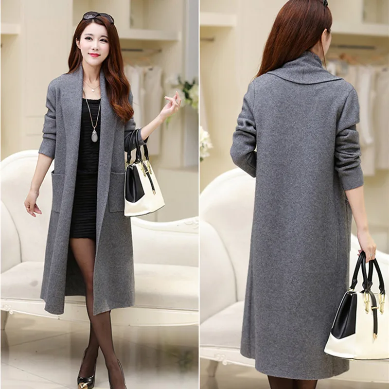 

pure mink cashmere blend knit women fashion long cardigan sweater coat scarf collar dark blue 3colors S/2XL