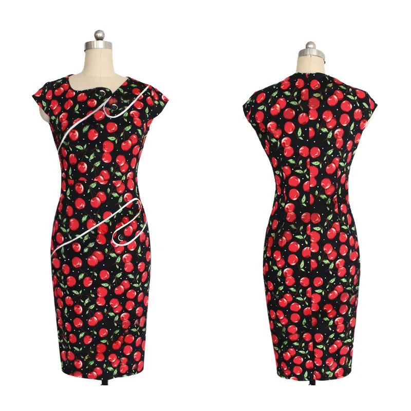 Женское летнее офисное платье 2017 элегантное черное с цветочным принтом и