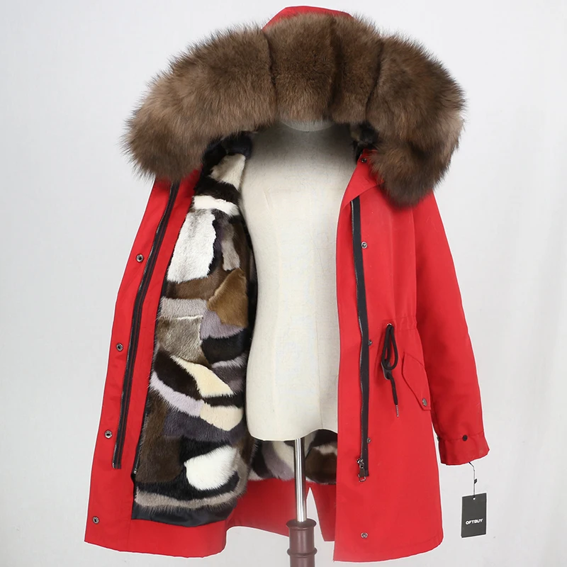 red brown OFTBUY, пальто из натурального меха норки, водонепроницаемая длинная парка, зимняя куртка для женщин, натуральный мех енота, капюшон, съемная верхняя одежда, Толстая теплая - Цвет: red brown