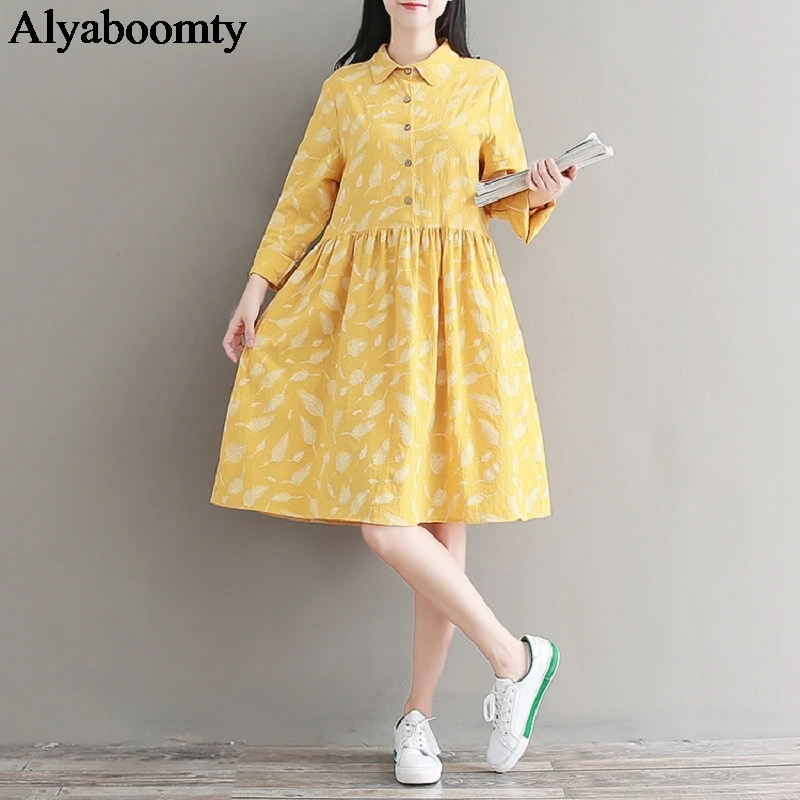 Женское платье весна-осень нежное с принтом пера хлопково-льняное элегантное