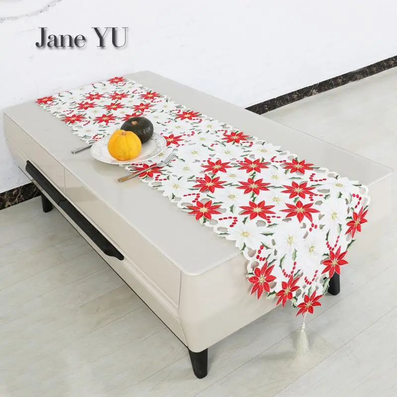 JaneYU Рождественские цветы настольные флаги ручной работы с вышивкой