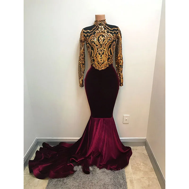 

Vintage Mermaid Long Prom Dresses New Long Sleeve High Neck Sweep Strain Velvet Gold Sequined Formal Evening Dress Party Gowns