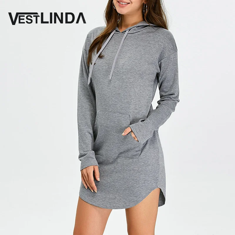 Женское платье с капюшоном VESTLINDA однотонное серое мини карманами и длинным