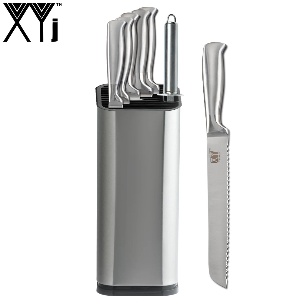 XYj точилка для ножей из нержавеющей стали, нож для очистки овощей Santoku, кухонный нож шеф-повара для нарезки хлеба, 8 дюймов, Держатель ножей, 8 шт, наборы для приготовления пищи