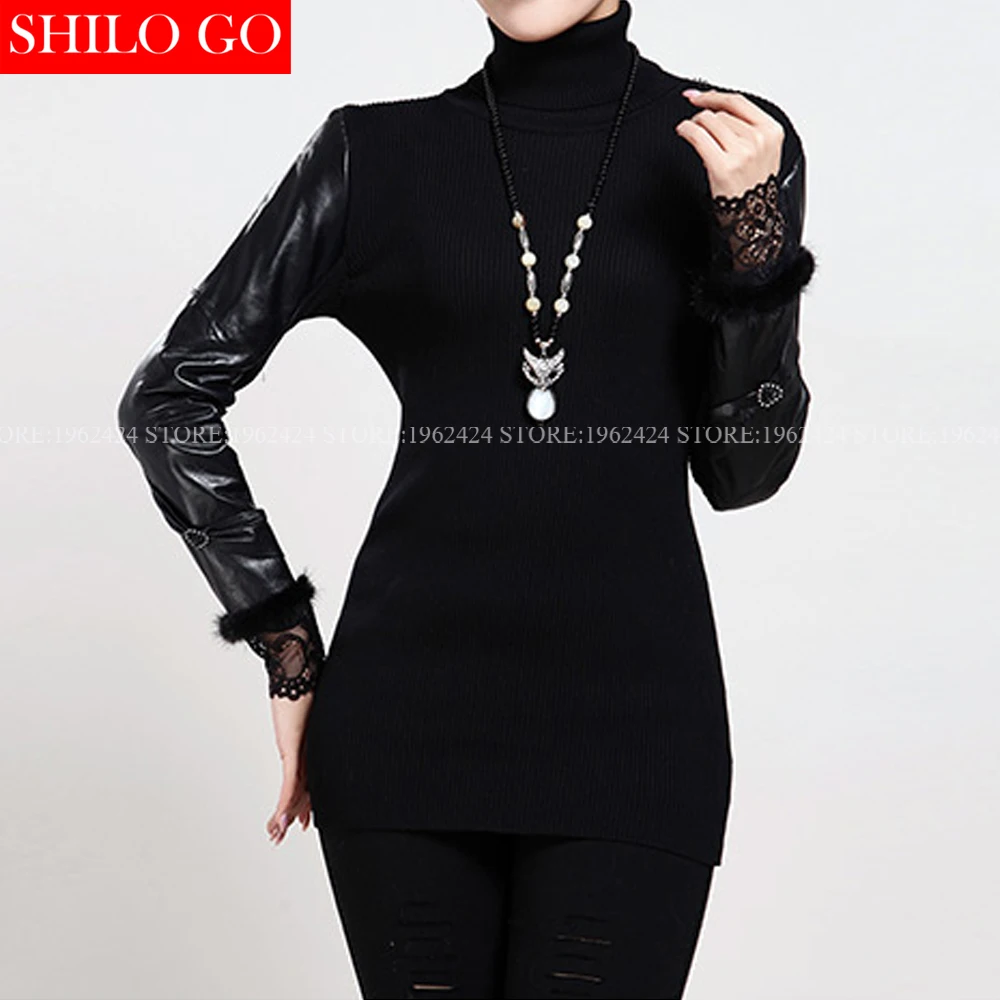 Autum fashion women high quality Sheepskin stitching turtleneck office OL black knitting sexy lace diamond love pullover | Женская