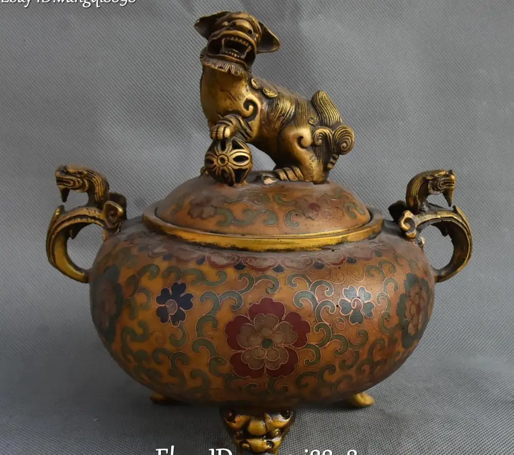 8 &quotCloisonne бронза 24K позолоченный Дракон Лун Лев горелка для благовоний в виде