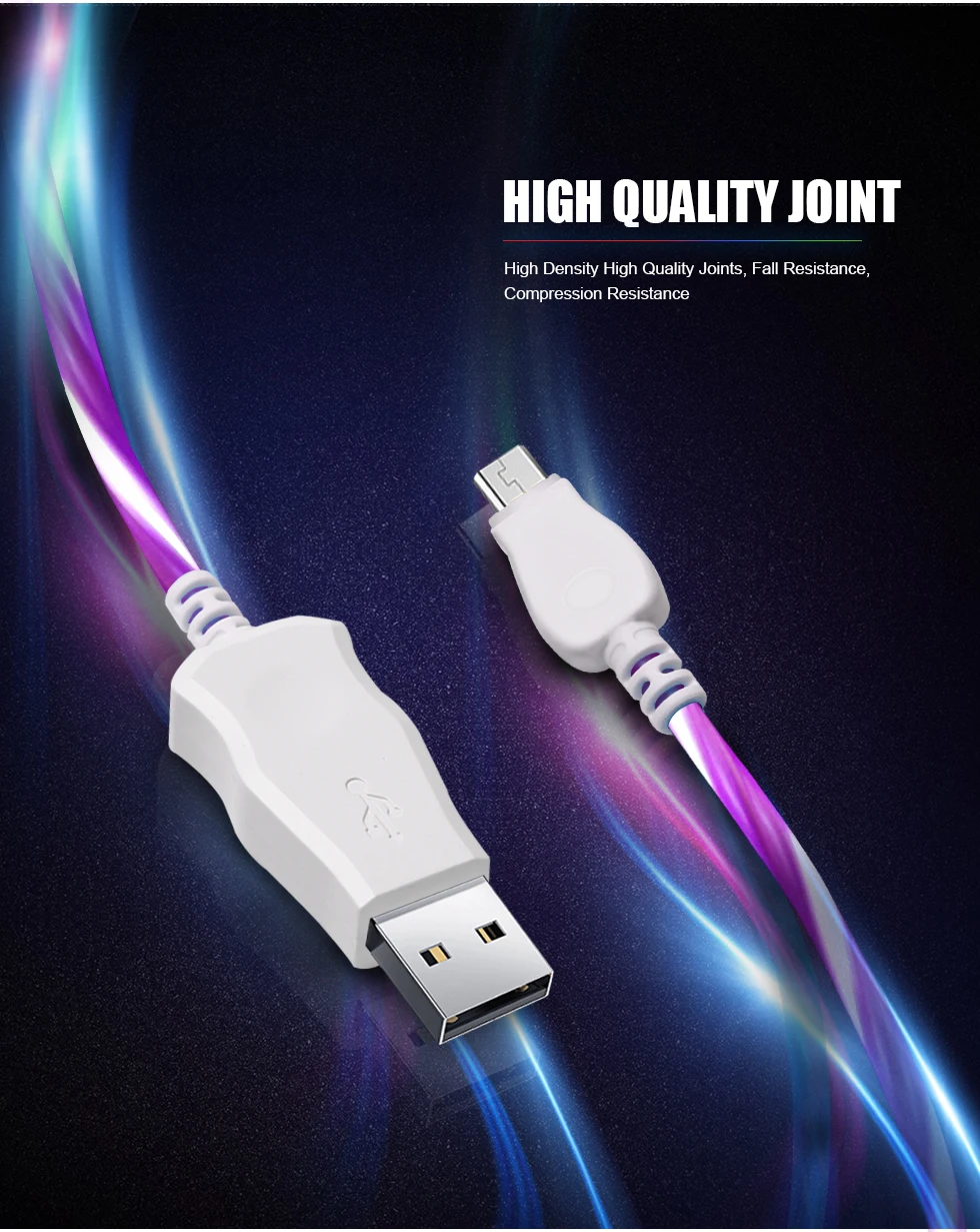 Светодиодный usb-кабель для зарядки и передачи данных для Galaxy S7, S6, S5, J5, A5, huawei, Redmi, Note, 3, 4, 5, длина сотового телефона, 1 м, провод для быстрой зарядки, Microusb