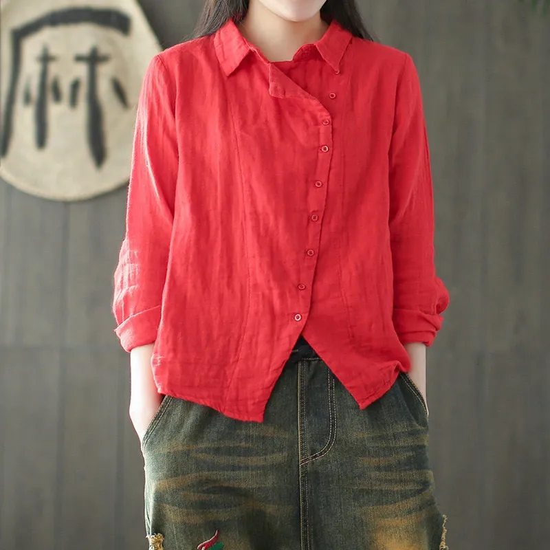 

Linen Turn Down Collar Vintage Women Blouses Long Sleeve Buttons Chinese Style Solid Female Summer Shirts 2020 Spring Lady Shirt