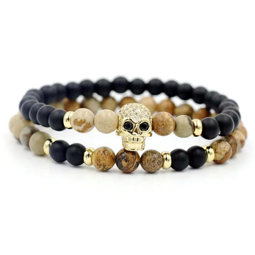 2pcs/set Mala Onyx Stone Strand Bracelet Men Copper Micro CZ Skull Head Energy Bracelets For Couples Women Lucky Buddha Jewelry | Украшения