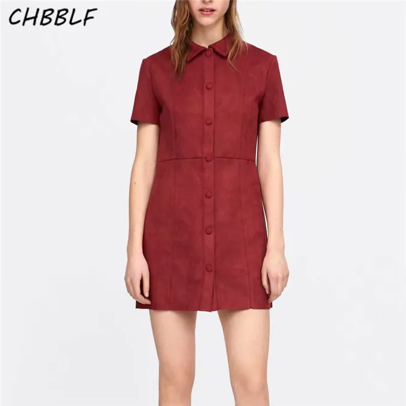 CHBBLF women suede mini dress short sleeve buttons vintage female casual dresses solid A line vestidos BGB9038 | Женская одежда