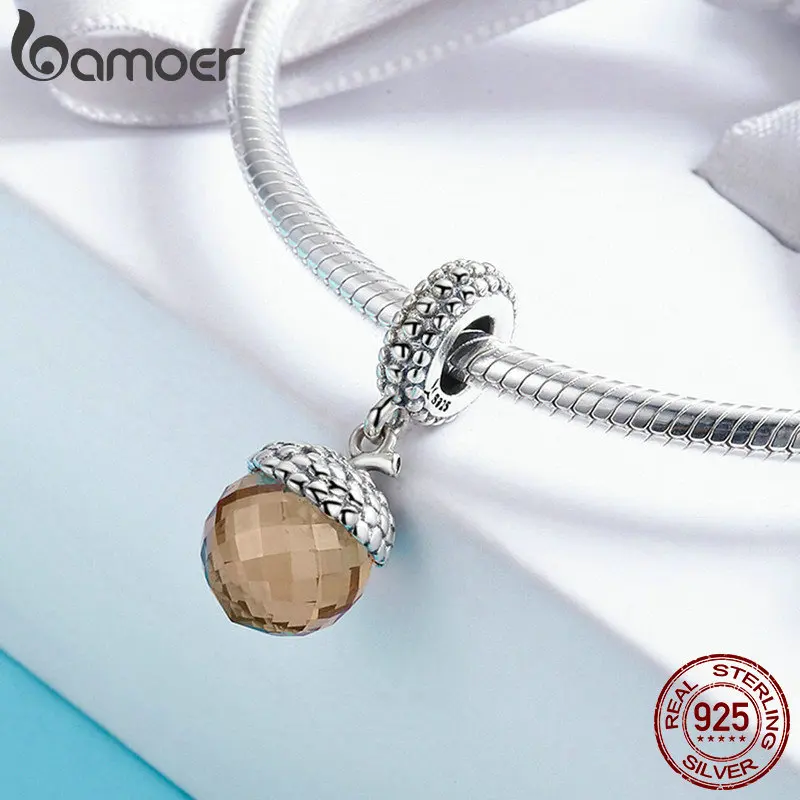 BAMOER подлинный 925 пробы серебряный кулон филберт орех форма Коричневый Кристалл Шарм подходит браслет и ожерелье DIY Ювелирные изделия SCC584