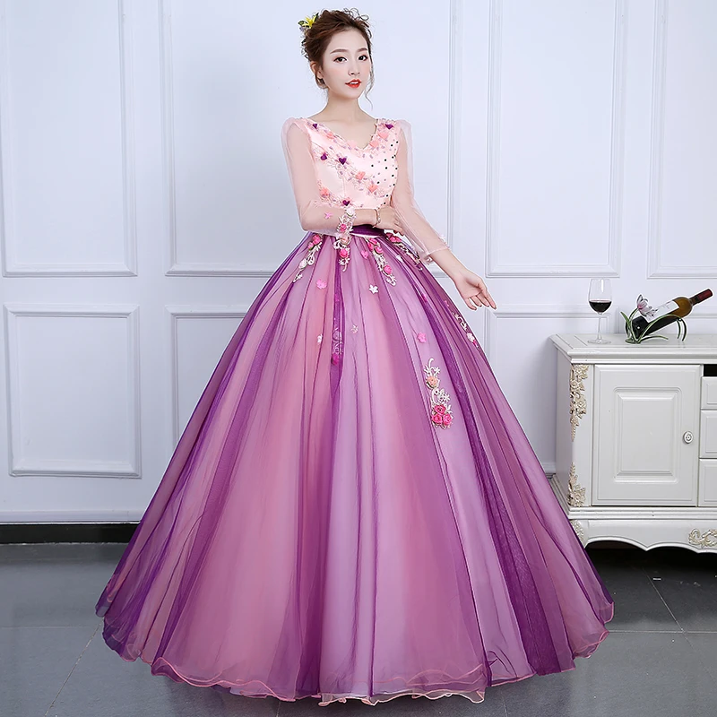 Vestido 15 quinceanera Дешевые Длинные рукава Бальные платья фиолетовые Бальные платья с открытой спиной с цветами из бисера милые 16 платья