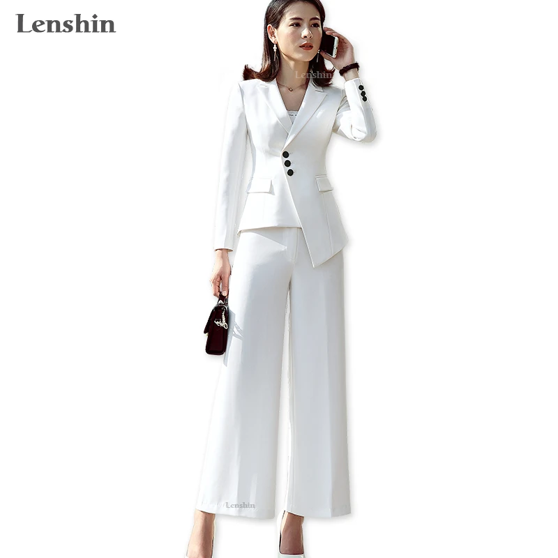 

Костюм Lenshin из 2 предметов, официальный брючный костюм с карманами, женская одежда для работы, Офисная женская форма, деловой блейзер с расклешенными брюками