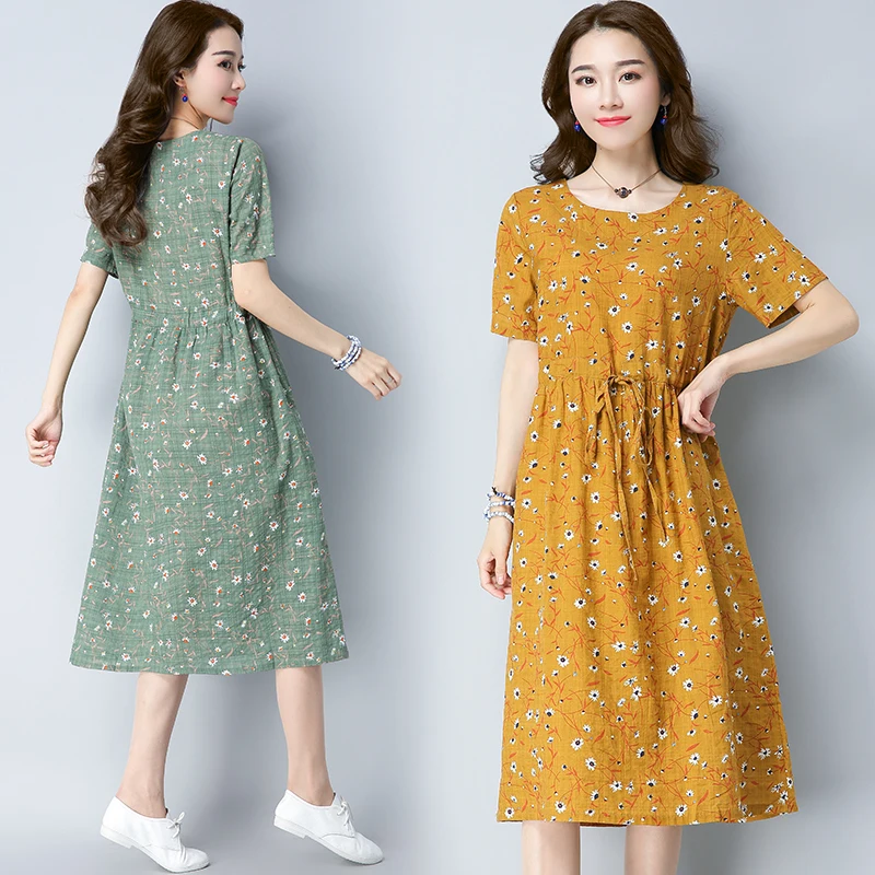 Мода 2019 новые женские Платья повседневные Хлопок Лен узор цветочные свободные