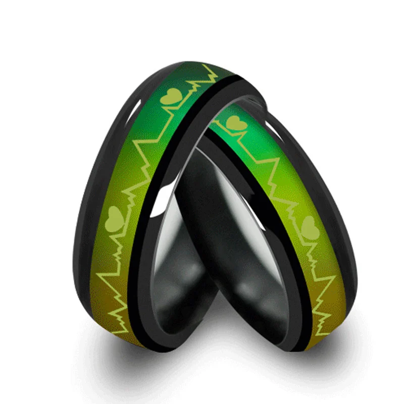

Black Mood Rings For Women Electrocardiogram Change Color Temperature Heartbeat Stainless Steel Emotional Men Jewelry