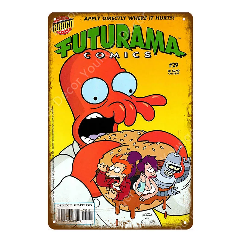 Futurama Comics винтажные металлические знаки, плакат, настенная наклейка, декоративная тарелка для комнаты, мультяшная табличка, домашний декор, настенная живопись