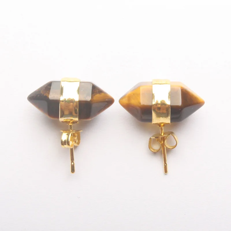 Tiger Eye Шарм 18X10 мм аметисты прозрачный кварц Лазурит розовый кварцевый кристалл опал бирюза граненые Биконусы серьги-гвоздики 1 пара - Окраска металла: Tiger Eye