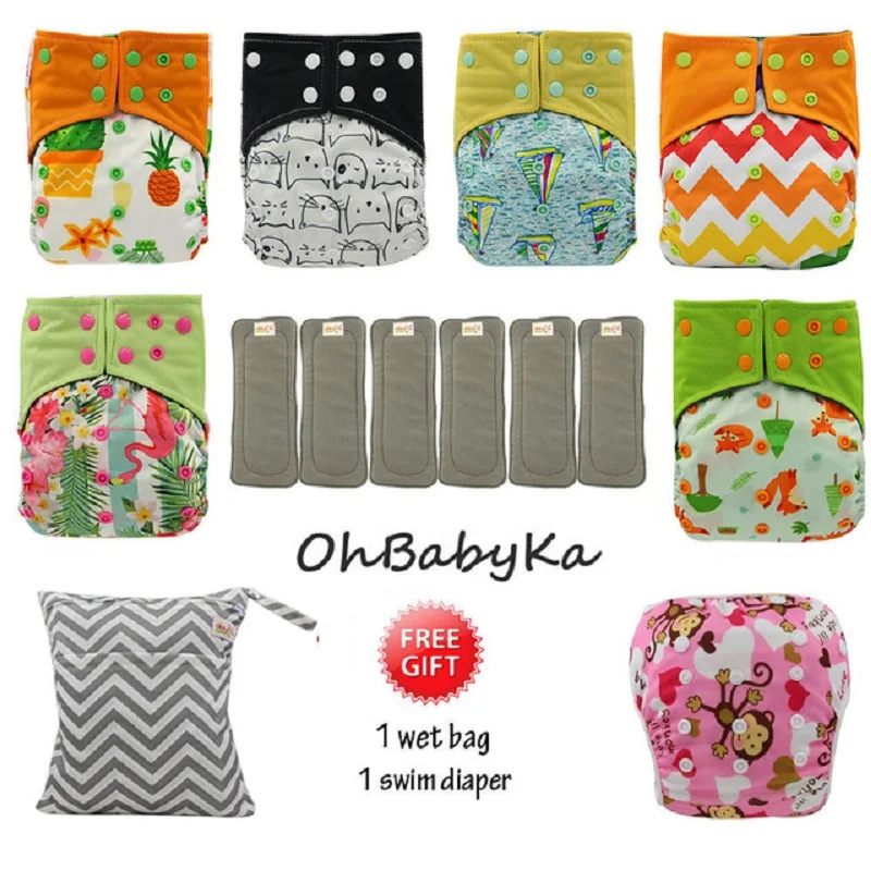 

OhBabyKa Cloth Diapers Couche Lavable Bamboo Charcoal Diapes Reusable Baby AI2 Pocket Diaper +6pcs Diaper Insert Baby Nappies