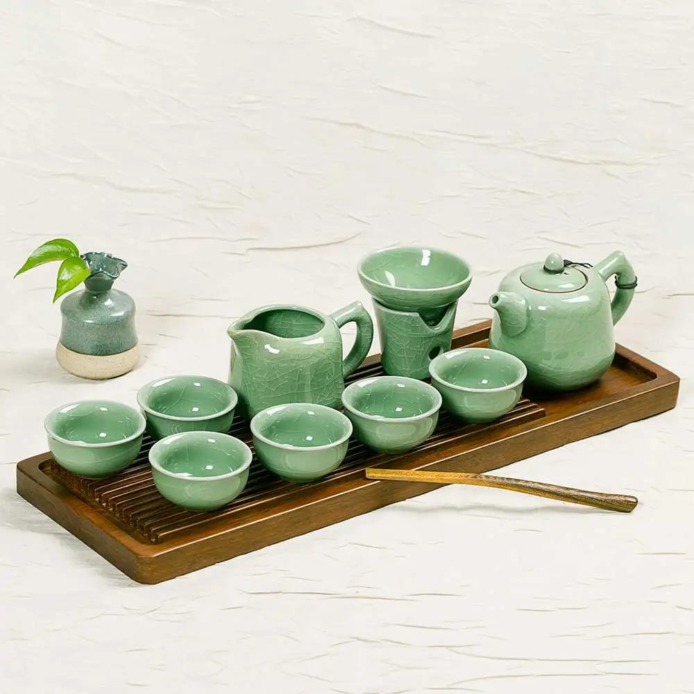 Newchinaroad green Chinese kung fu tea set with crackled glaze including 1 teapot*6 teacups*1 sharing pot*1 strainer (10pcs) | Дом и сад