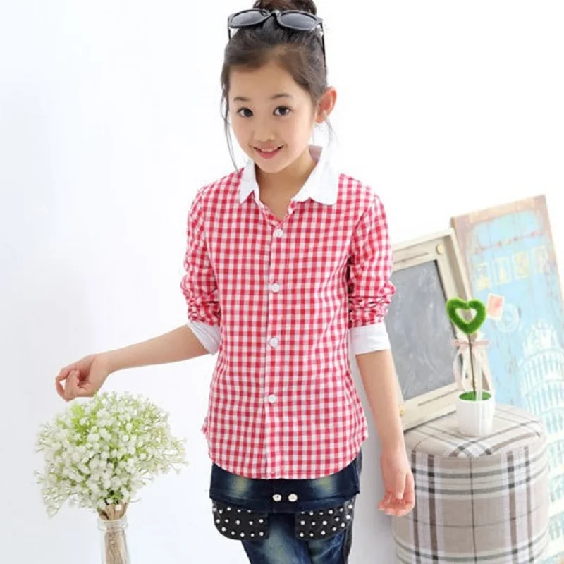 Весна-лето детская одежда рубашка рубашки для девочек клетчатые с длинными