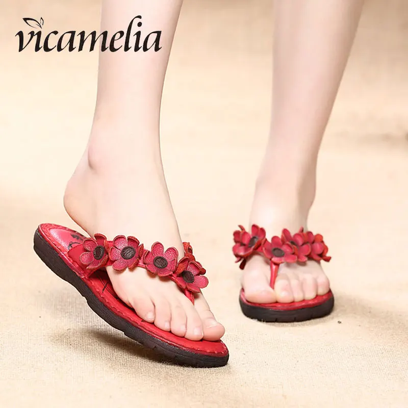 2019 Summer Newest Beach With Flower Flip Flops Genuine Leather Casual Women Slippers Ladies Outdoor Flat Shoes Handmade 321 | Обувь