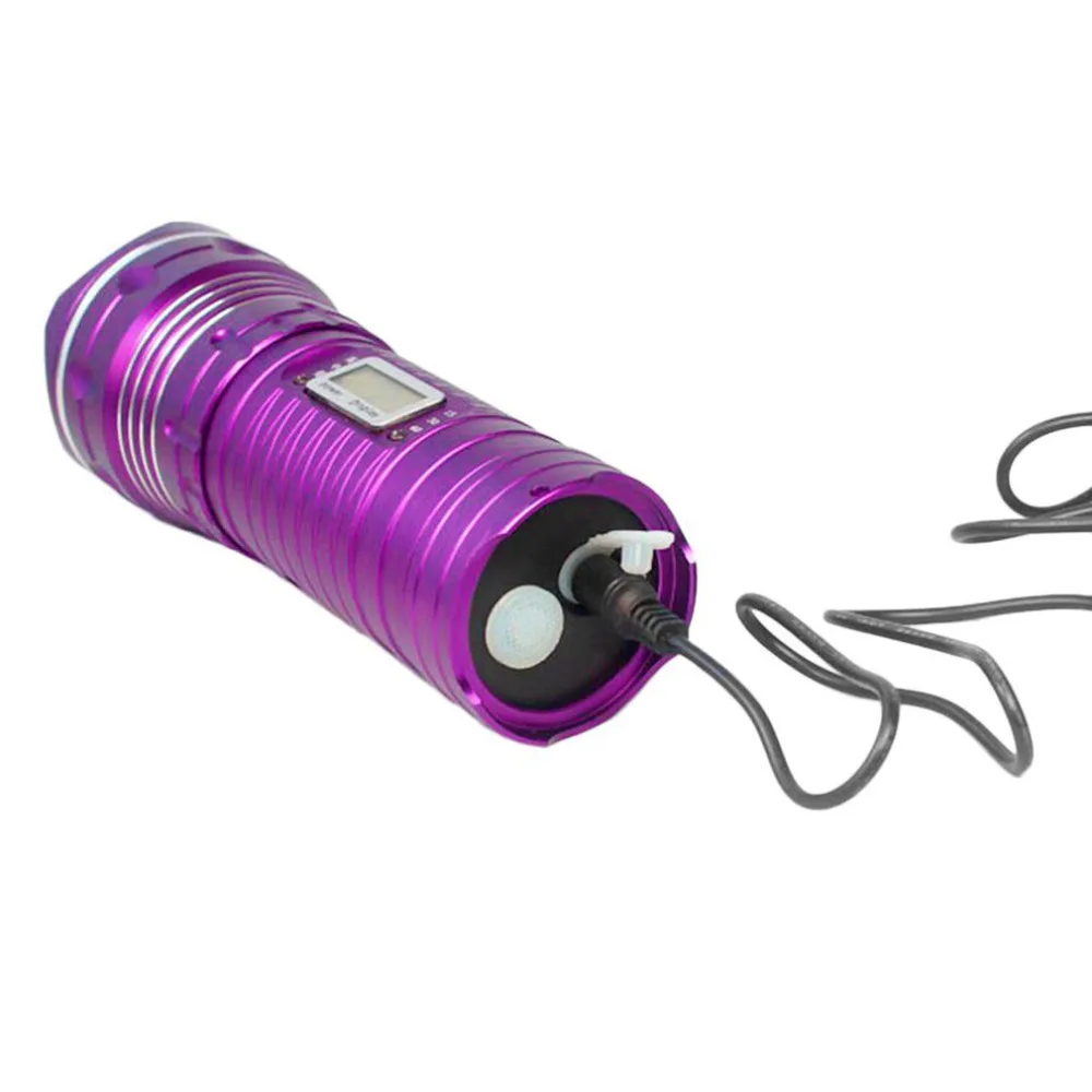 Rechargeable Zoom LED Flashlight 3 Mode Adjustable Focus Night Fishing Light LCD Display Torch Lamp Purple/Blue/White | Лампы и
