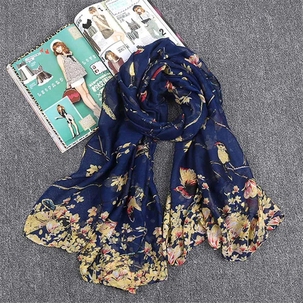 Элегантный женский шарф с цветочным принтом с птицами, женский длинный шарф и шаль, женский модный дизайн, хиджаб Bufanda Mujer# H15