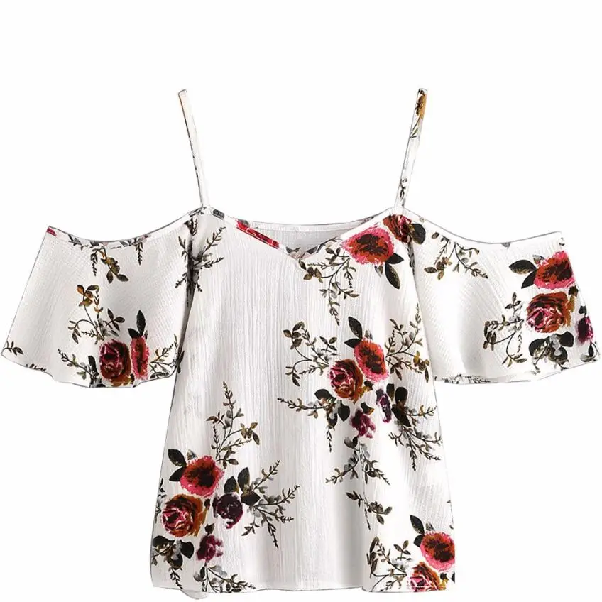 Для женщин блузка с принтом Летняя мода открытыми плечами Винтаж Boho Цветочный
