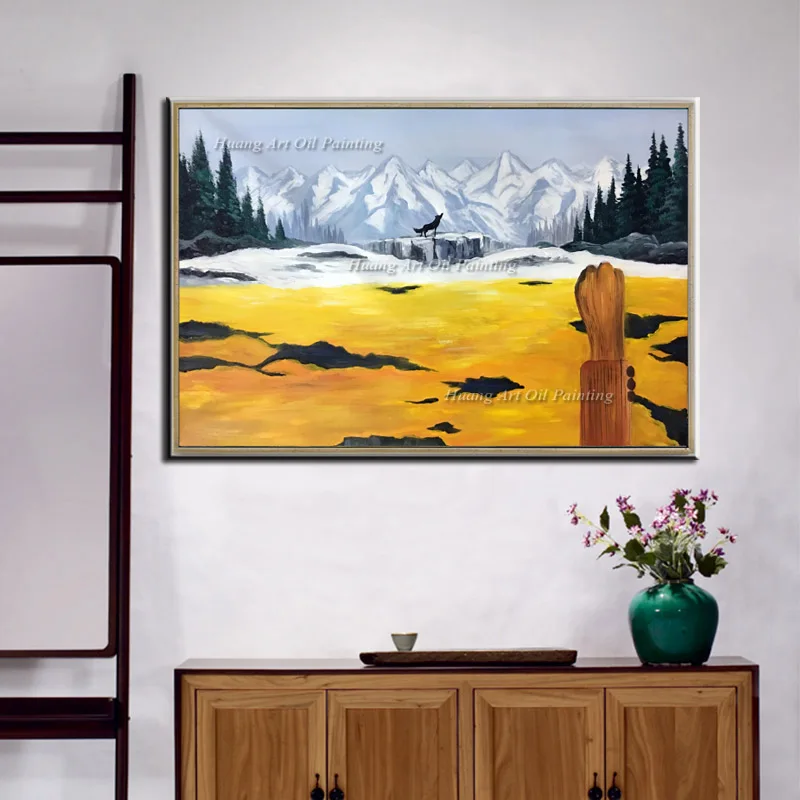 Ручная роспись желтый пейзаж живопись знак победы волк масляная настенное