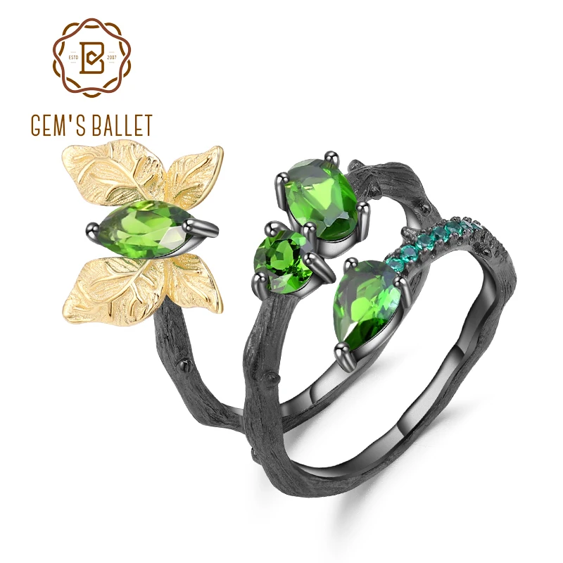 GEM'S BALLET 1.84Ct натуральный хром диопсид драгоценный камень кольцо Настоящее 925 пробы Серебряная бабочка ветка Открытые Кольца для женщин