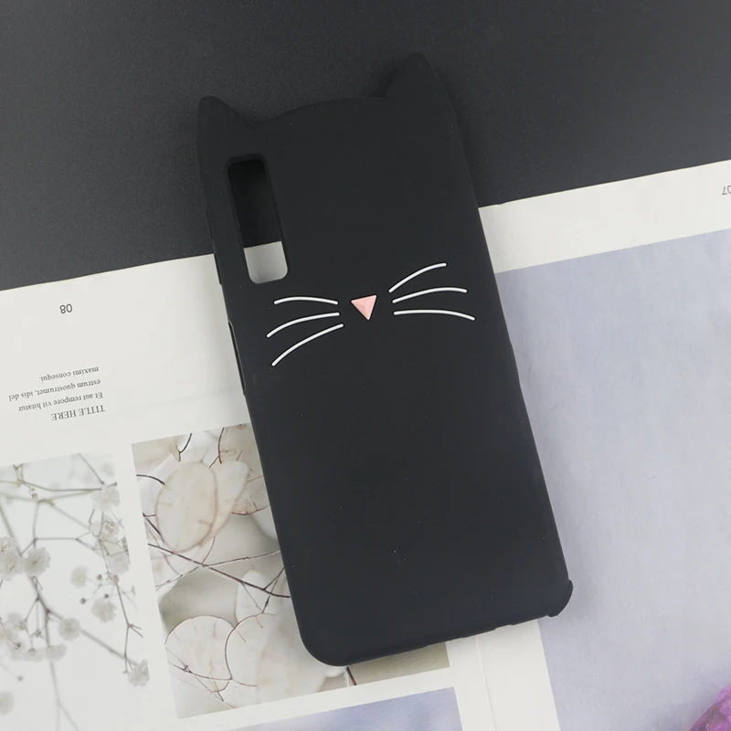 HuxuBlack Милый 3D мультяшный силиконовый чехол для samsung Galaxy A50 A70 A30 A20 A10 чехол s Япония блестящая борода кошка кошечка с милыми ушками чехол для телефона - Цвет: HuxuBlack
